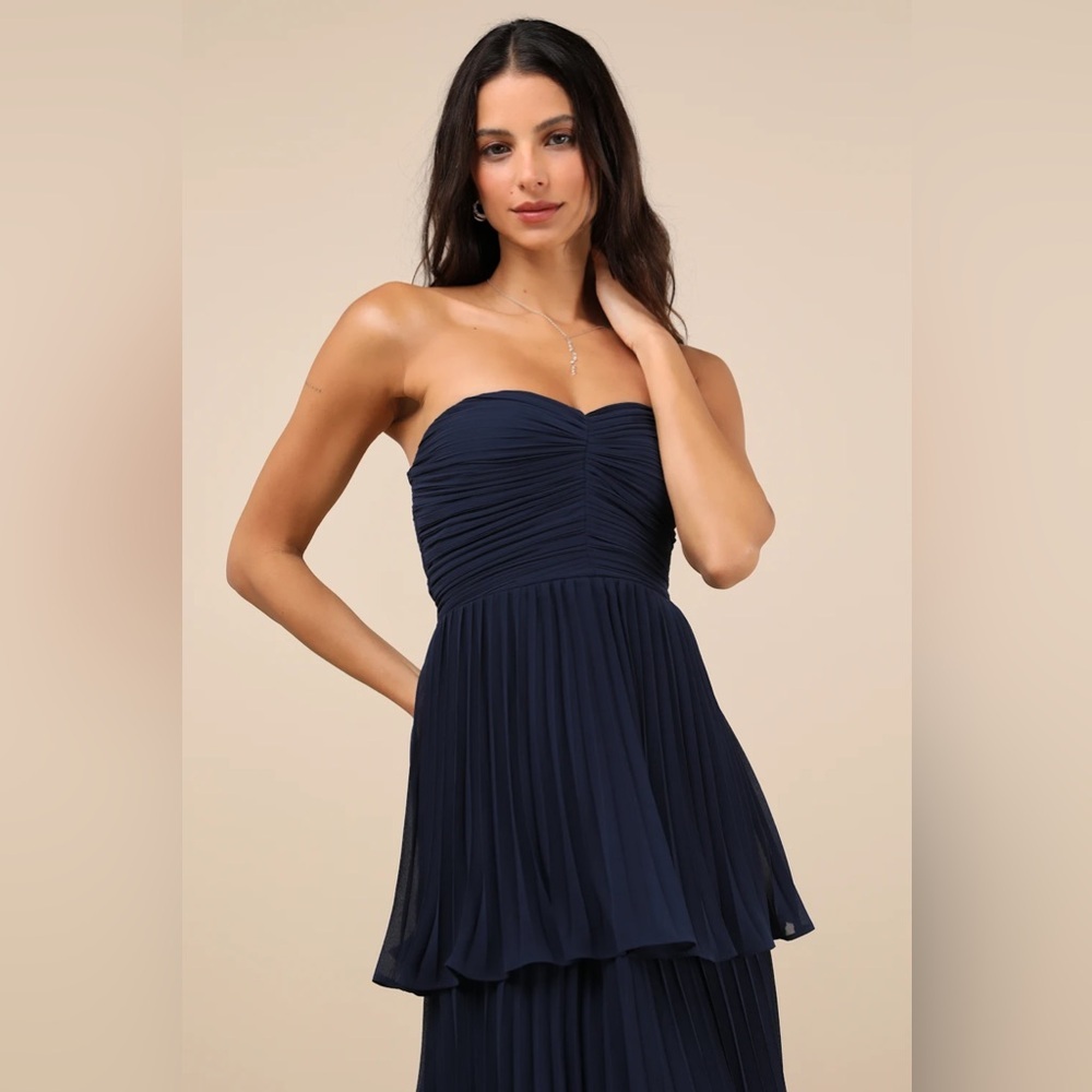 Lulus Seriously Sensational Navy Blue Strapless Tiered Pleated Maxi Dress small - Picture 3 of 11
